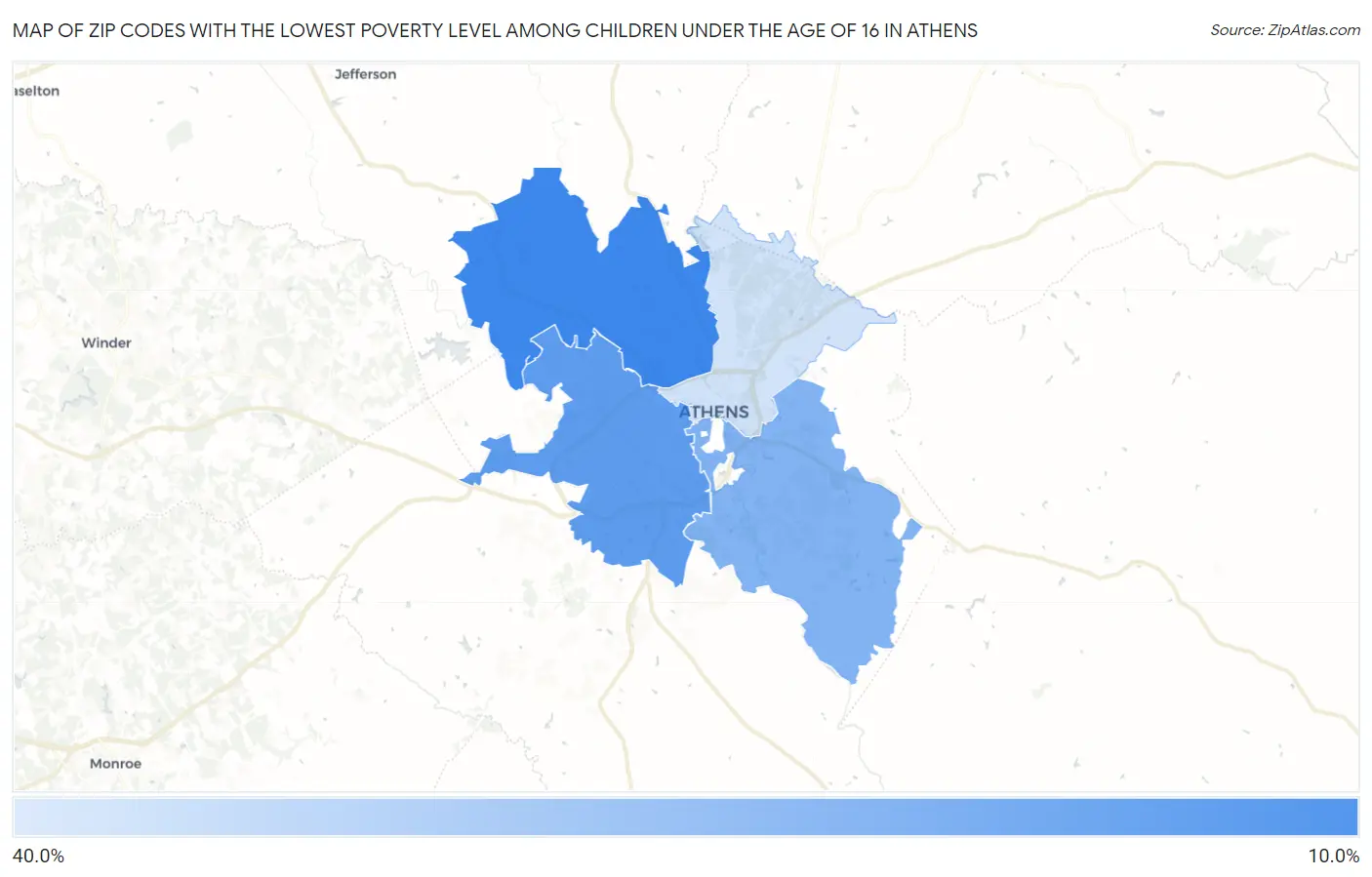 Zip Codes with the Lowest Poverty Level Among Children Under the Age of 16 in Athens Map