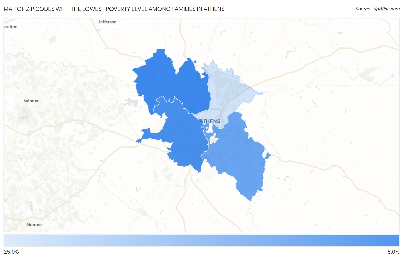 Zip Codes with the Lowest Poverty Level Among Families in Athens Map
