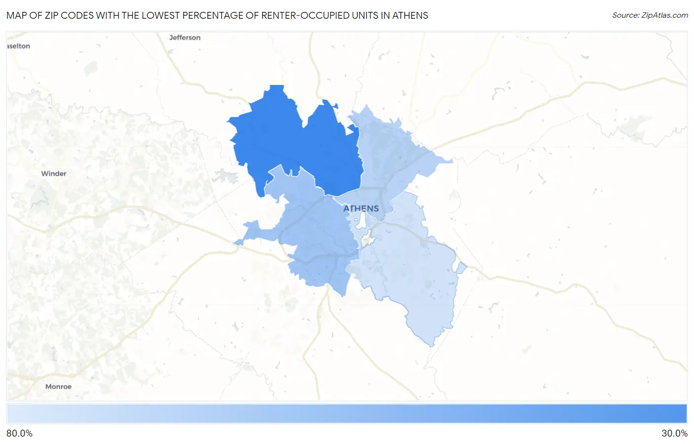 Zip Codes with the Lowest Percentage of Renter-Occupied Units in Athens Map