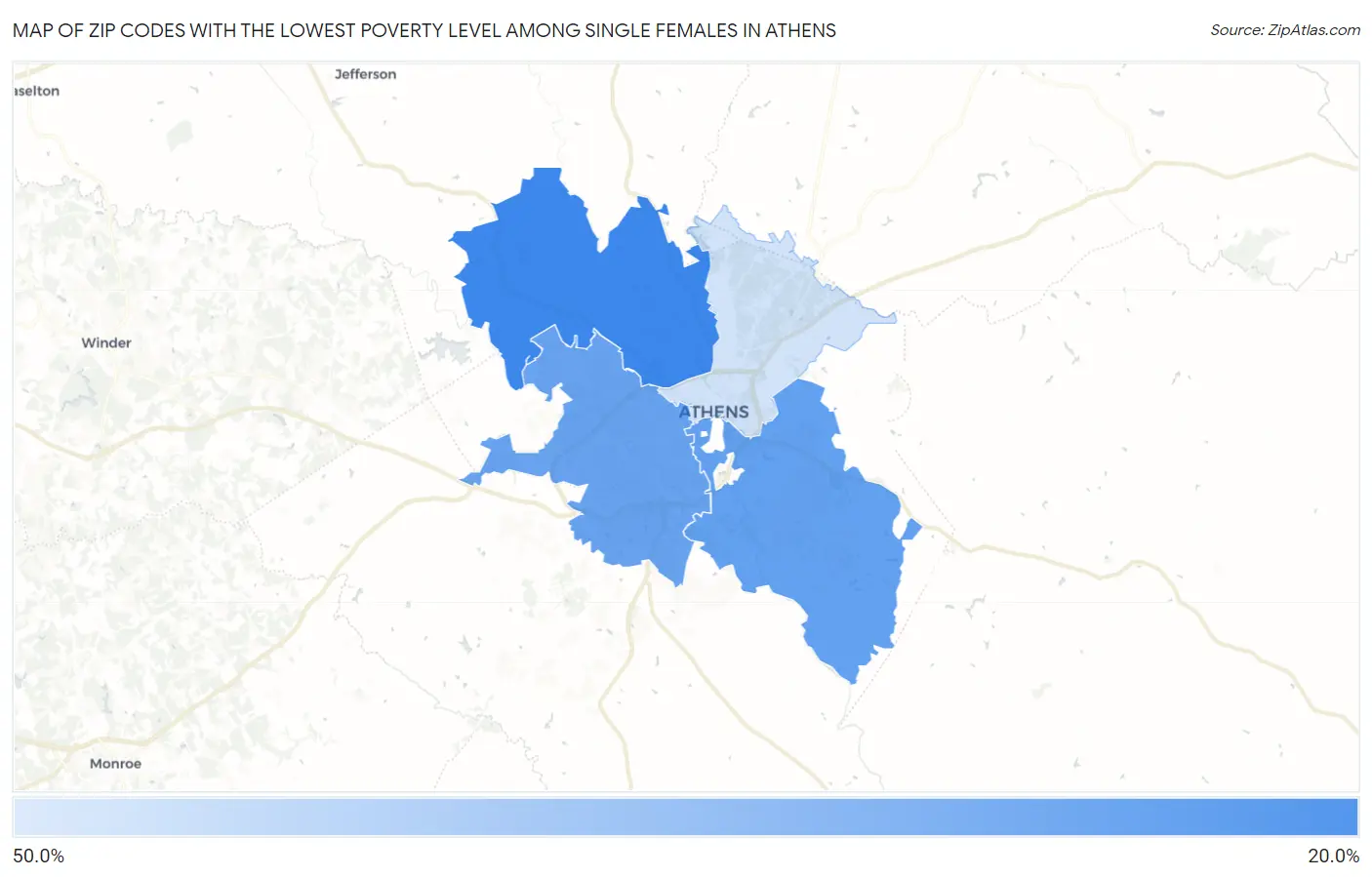 Zip Codes with the Lowest Poverty Level Among Single Females in Athens Map