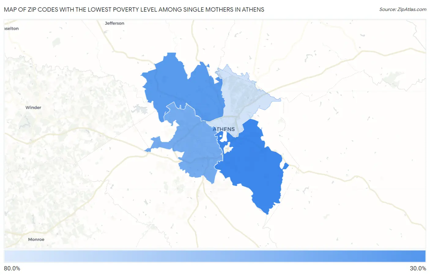 Zip Codes with the Lowest Poverty Level Among Single Mothers in Athens Map