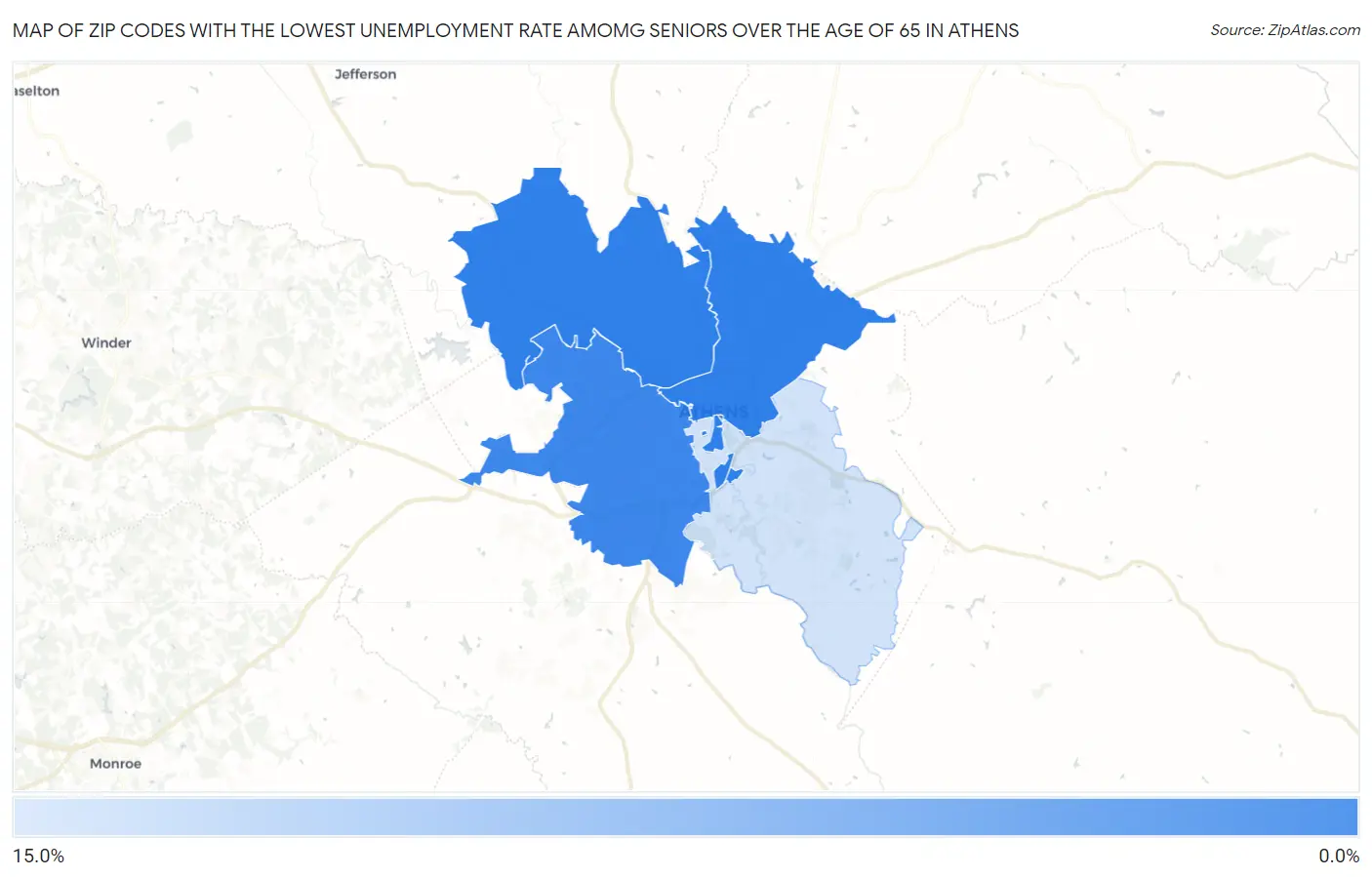 Zip Codes with the Lowest Unemployment Rate Amomg Seniors Over the Age of 65 in Athens Map