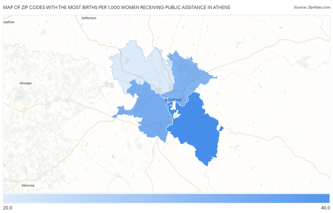 Zip Codes with the Most Births per 1,000 Women Receiving Public Assitance in Athens Map