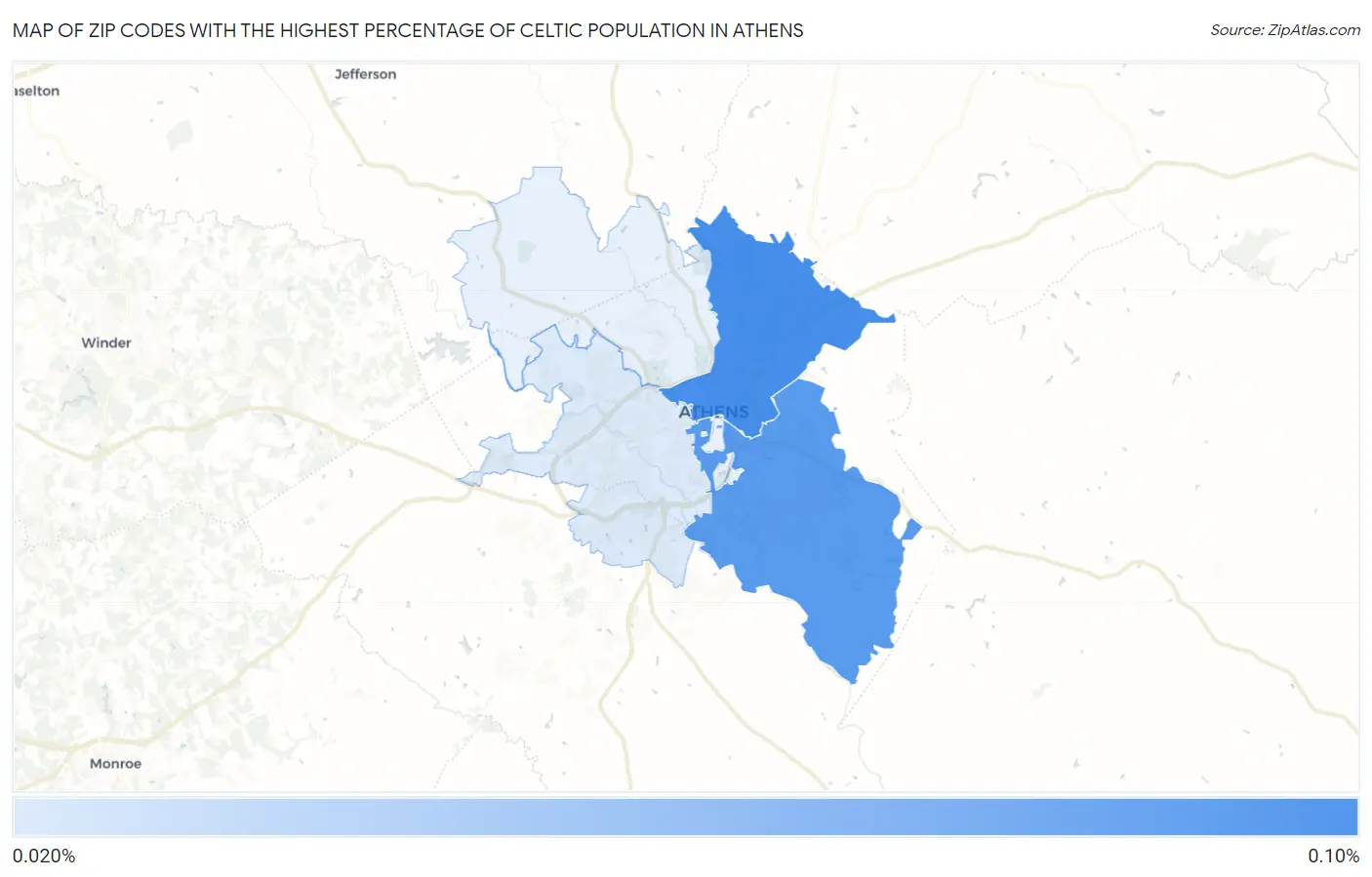 Zip Codes with the Highest Percentage of Celtic Population in Athens Map
