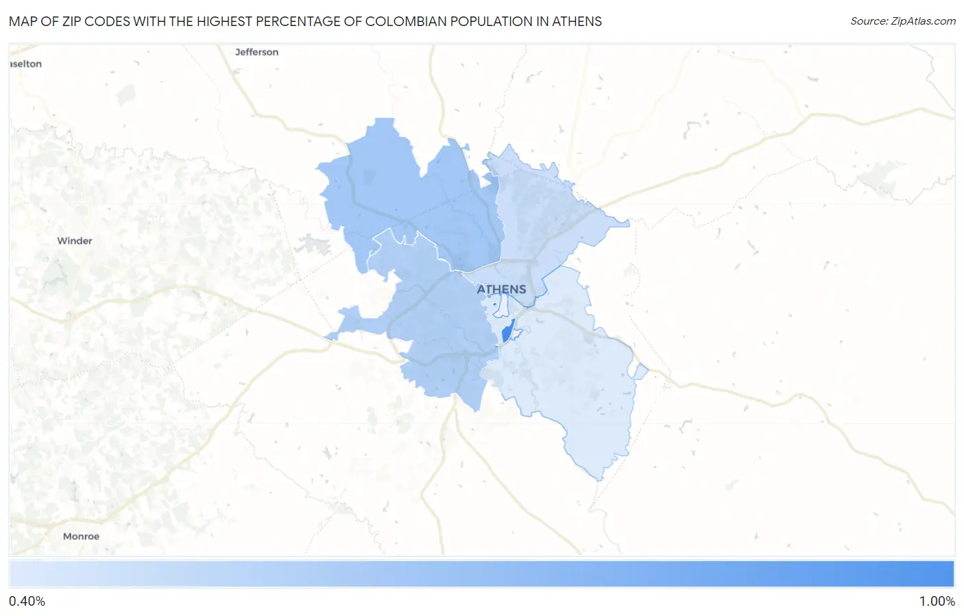 Zip Codes with the Highest Percentage of Colombian Population in Athens Map