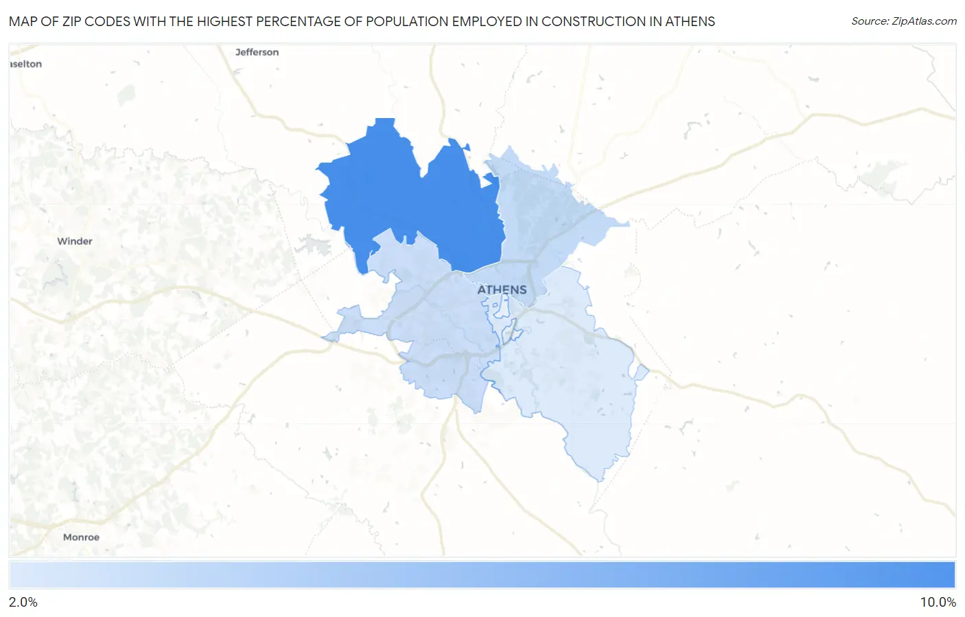 Zip Codes with the Highest Percentage of Population Employed in Construction in Athens Map
