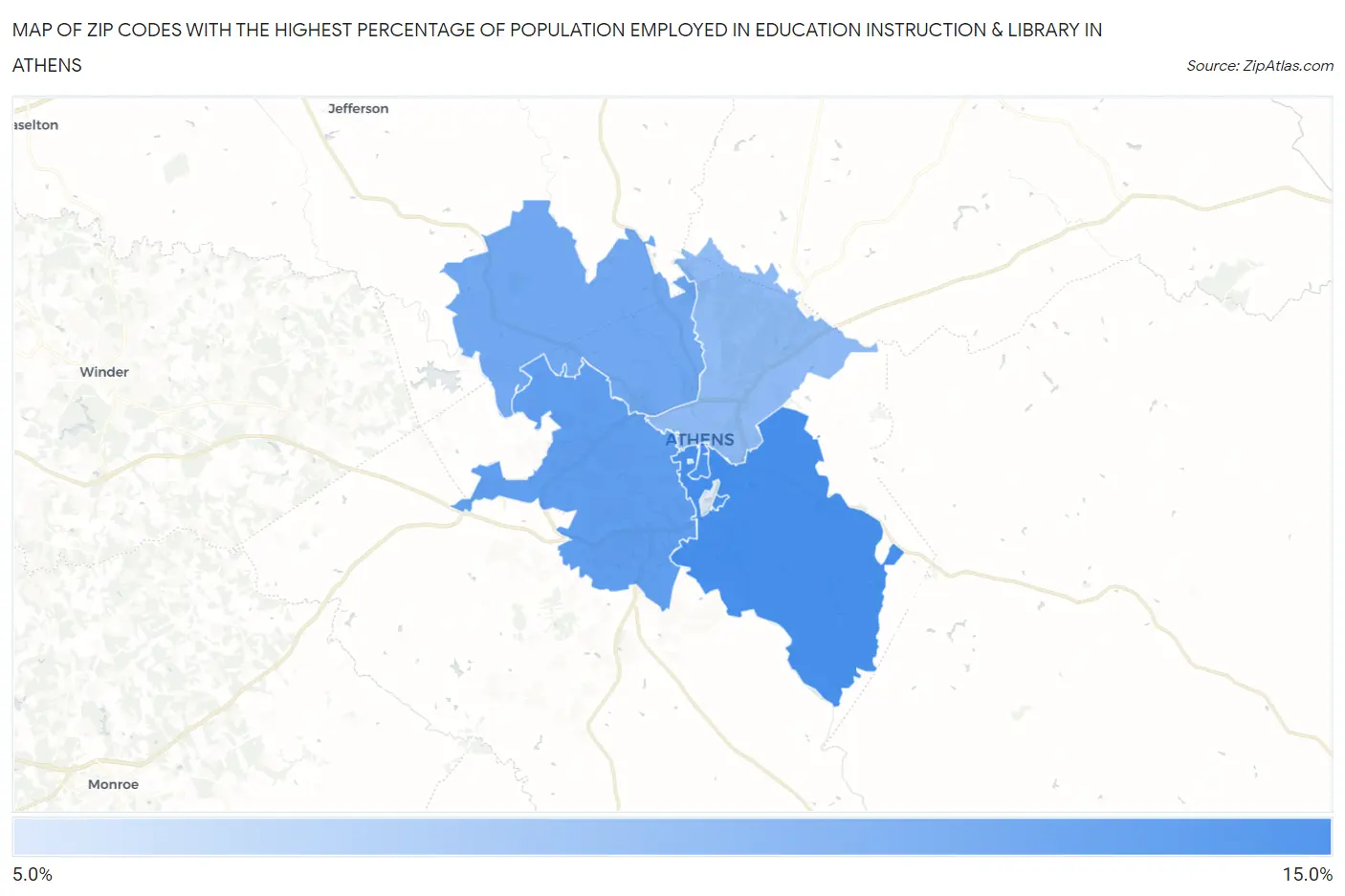 Zip Codes with the Highest Percentage of Population Employed in Education Instruction & Library in Athens Map