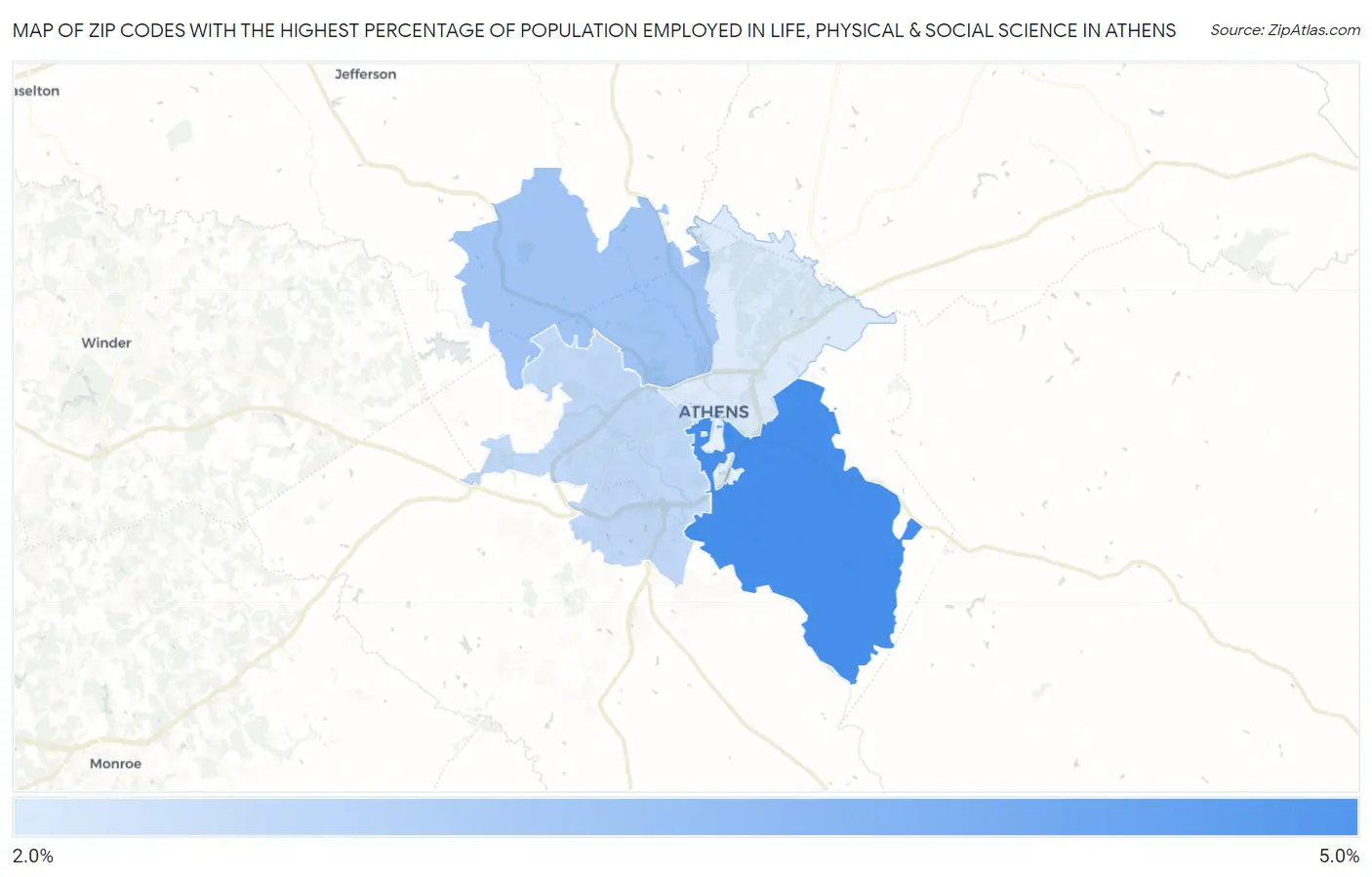 Zip Codes with the Highest Percentage of Population Employed in Life, Physical & Social Science in Athens Map