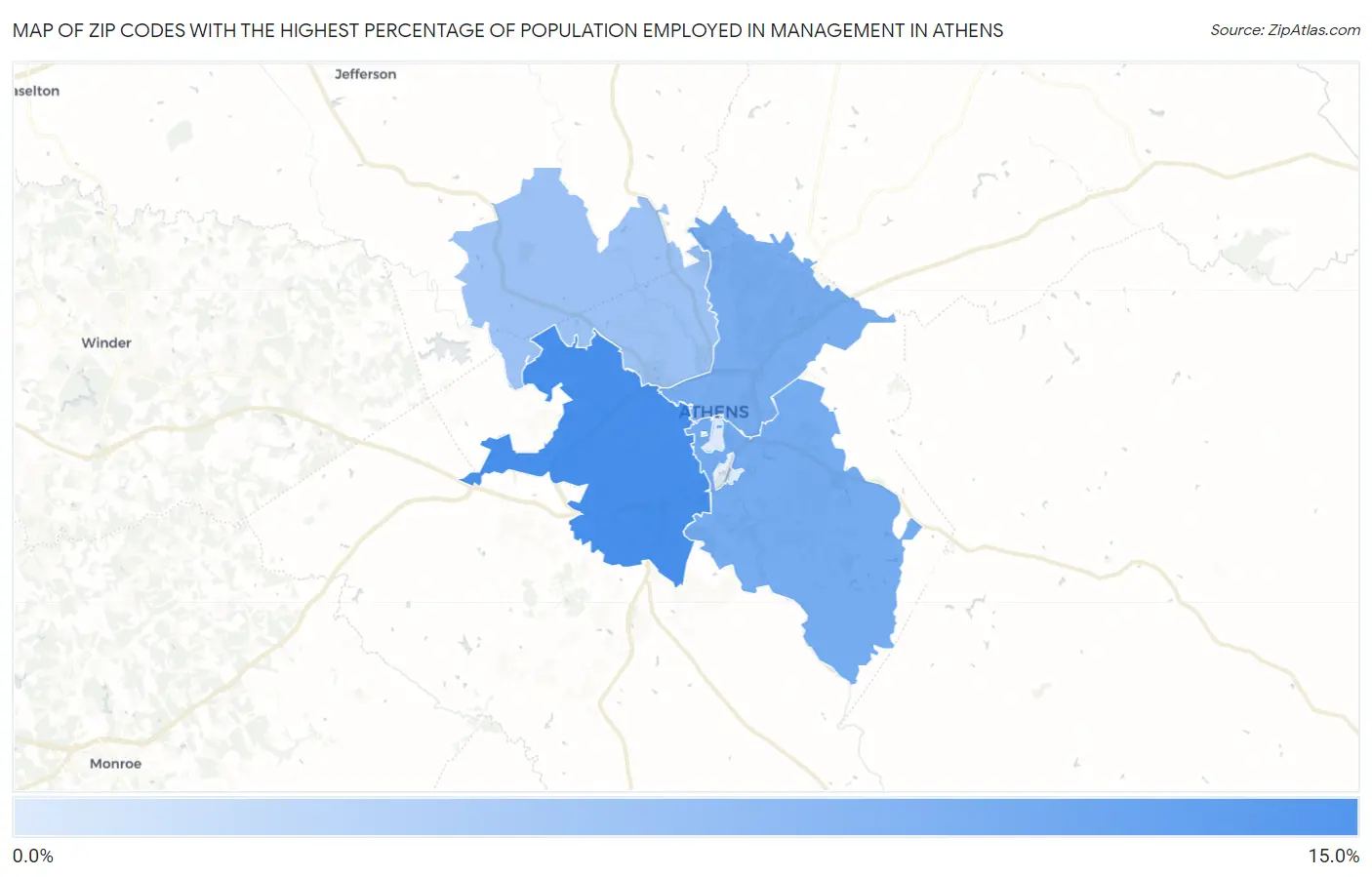 Zip Codes with the Highest Percentage of Population Employed in Management in Athens Map
