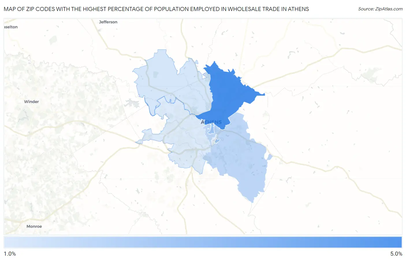 Zip Codes with the Highest Percentage of Population Employed in Wholesale Trade in Athens Map