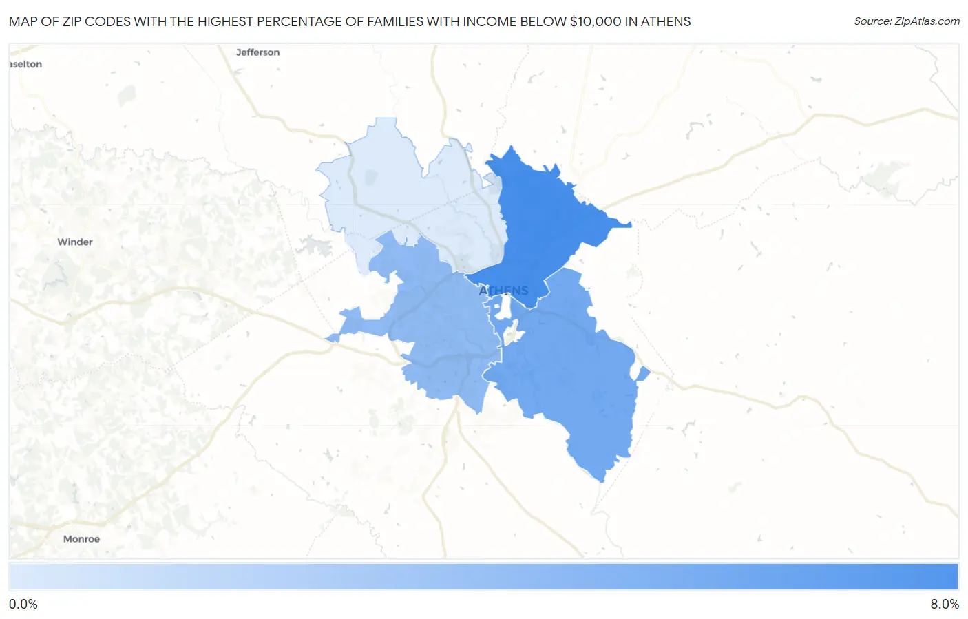 Zip Codes with the Highest Percentage of Families with Income Below $10,000 in Athens Map