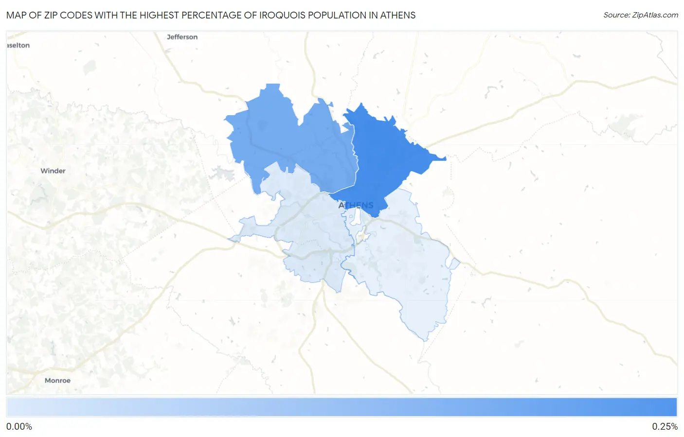 Zip Codes with the Highest Percentage of Iroquois Population in Athens Map
