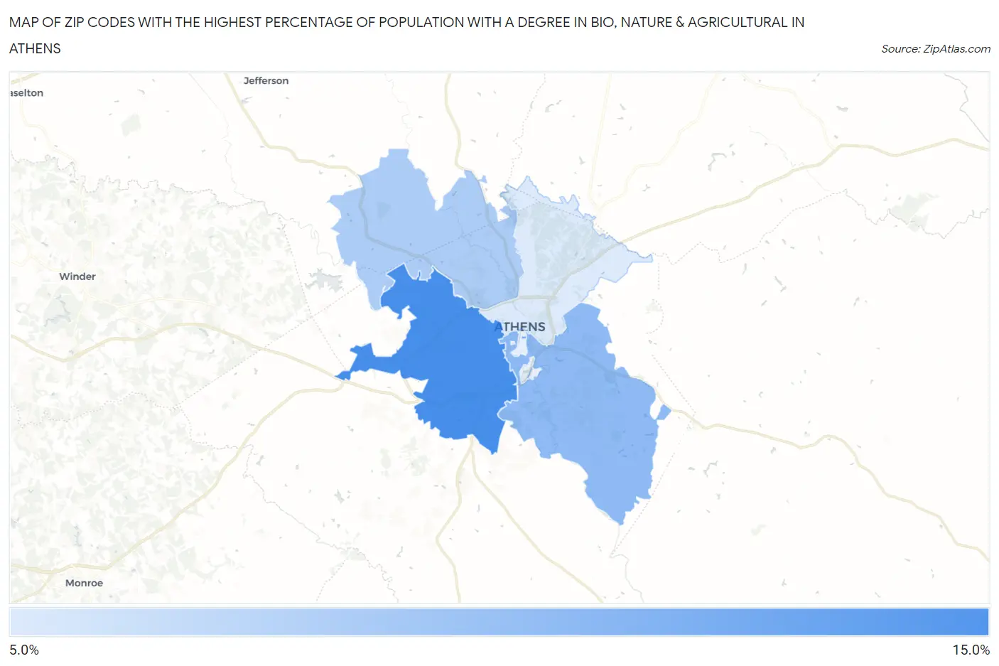 Zip Codes with the Highest Percentage of Population with a Degree in Bio, Nature & Agricultural in Athens Map
