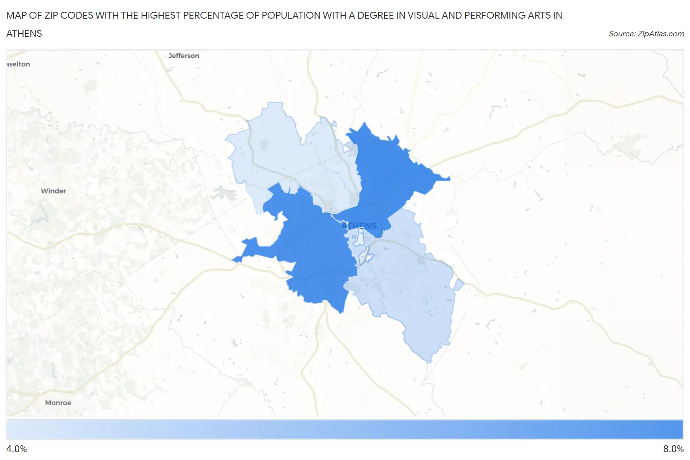 Zip Codes with the Highest Percentage of Population with a Degree in Visual and Performing Arts in Athens Map