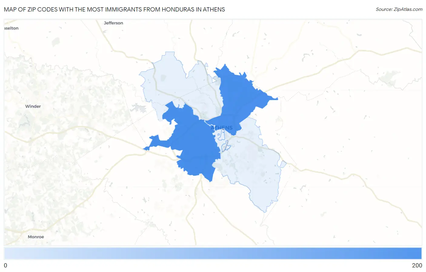 Zip Codes with the Most Immigrants from Honduras in Athens Map