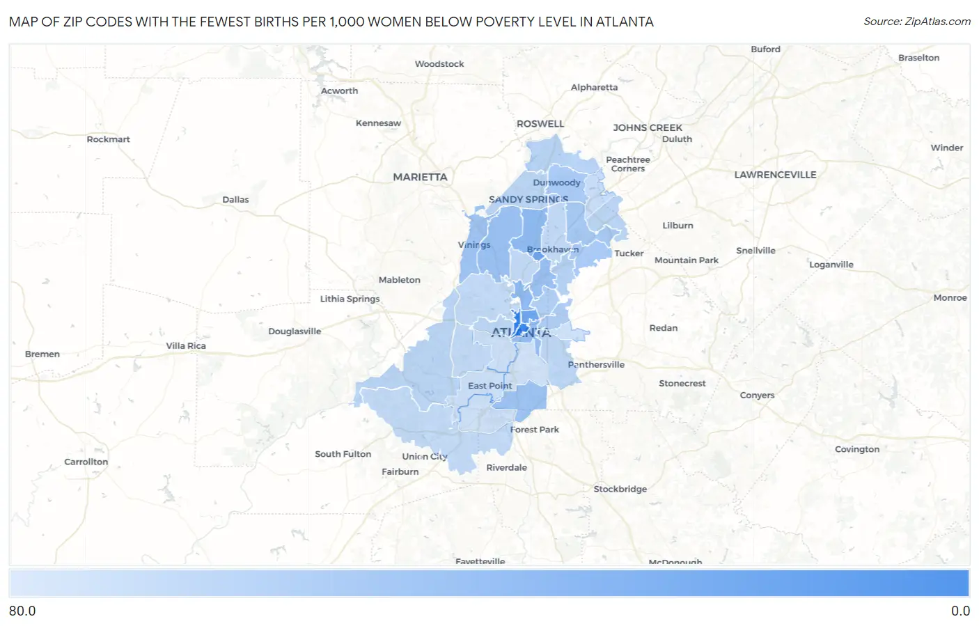 Zip Codes with the Fewest Births per 1,000 Women Below Poverty Level in Atlanta Map