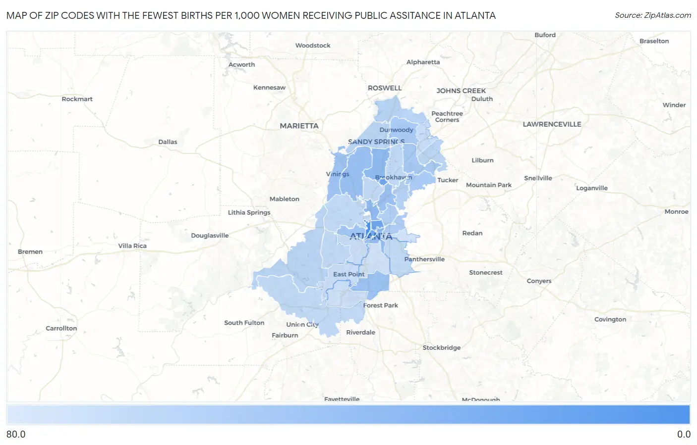 Zip Codes with the Fewest Births per 1,000 Women Receiving Public Assitance in Atlanta Map