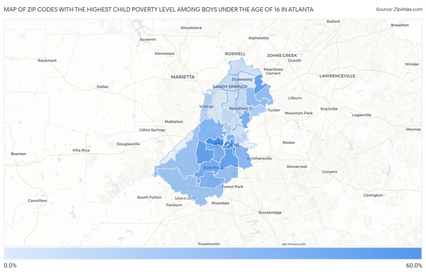 Zip Codes with the Highest Child Poverty Level Among Boys Under the Age of 16 in Atlanta Map
