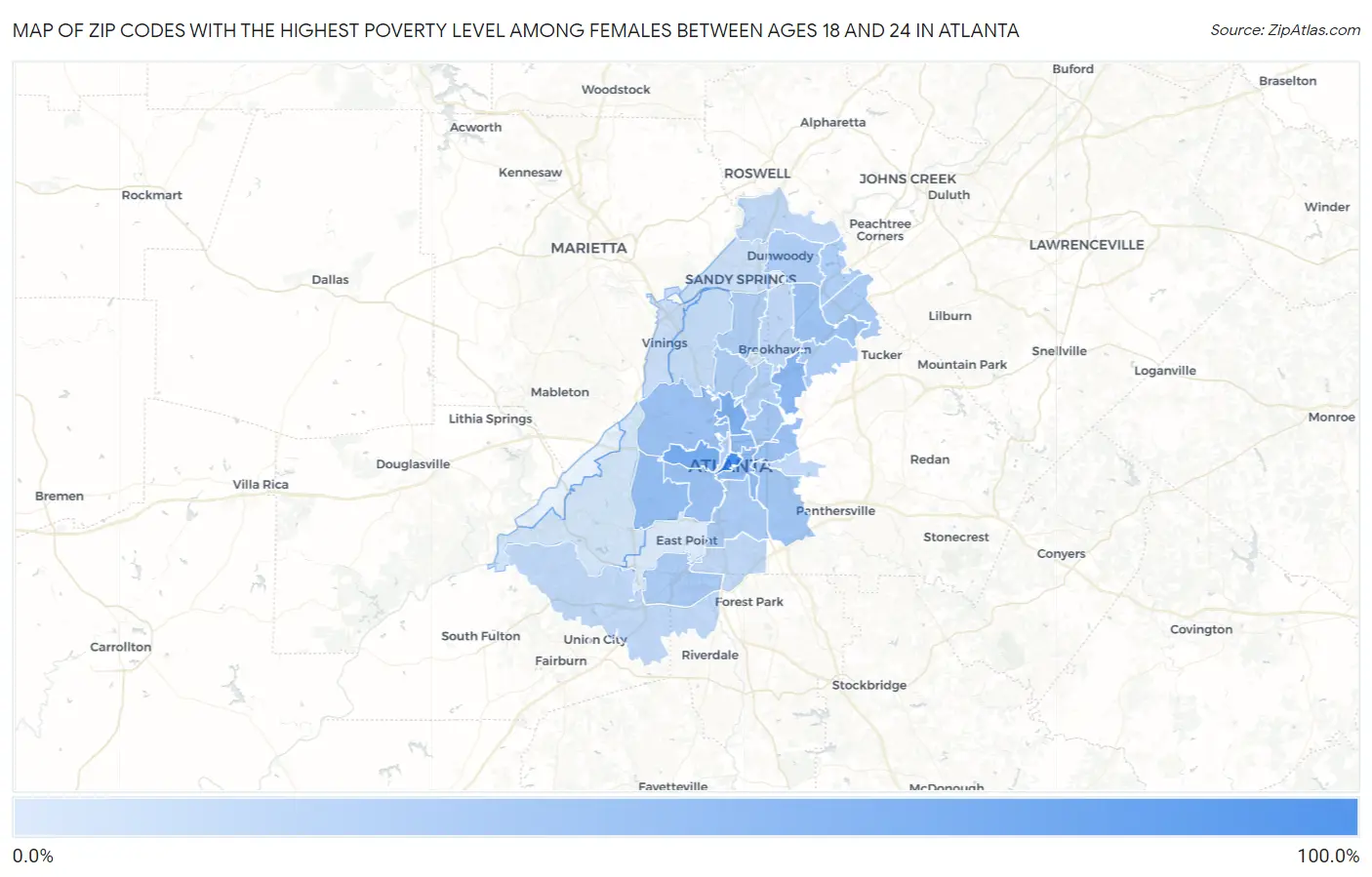 Zip Codes with the Highest Poverty Level Among Females Between Ages 18 and 24 in Atlanta Map