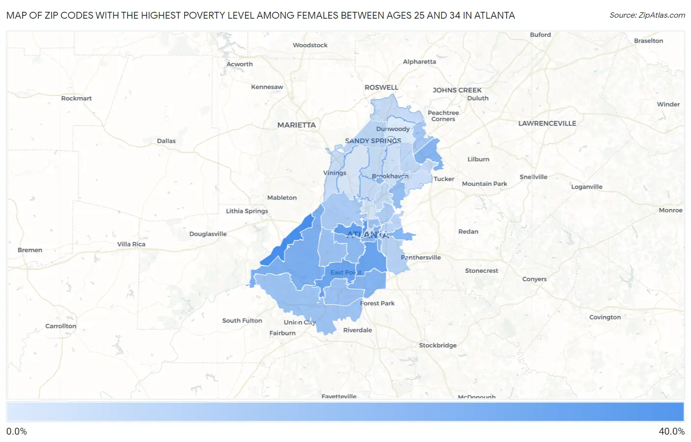 Zip Codes with the Highest Poverty Level Among Females Between Ages 25 and 34 in Atlanta Map