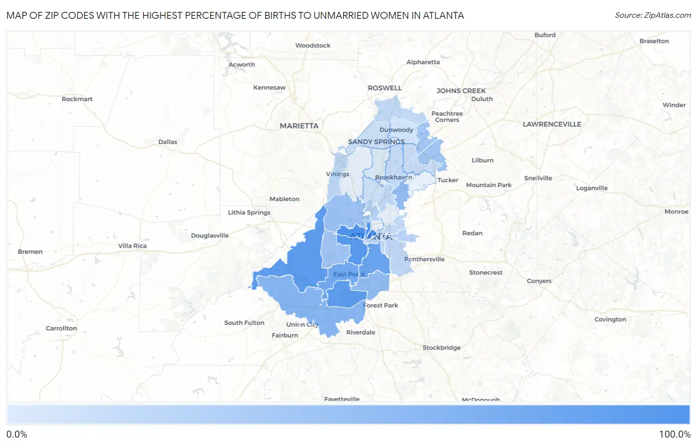 Zip Codes with the Highest Percentage of Births to Unmarried Women in Atlanta Map