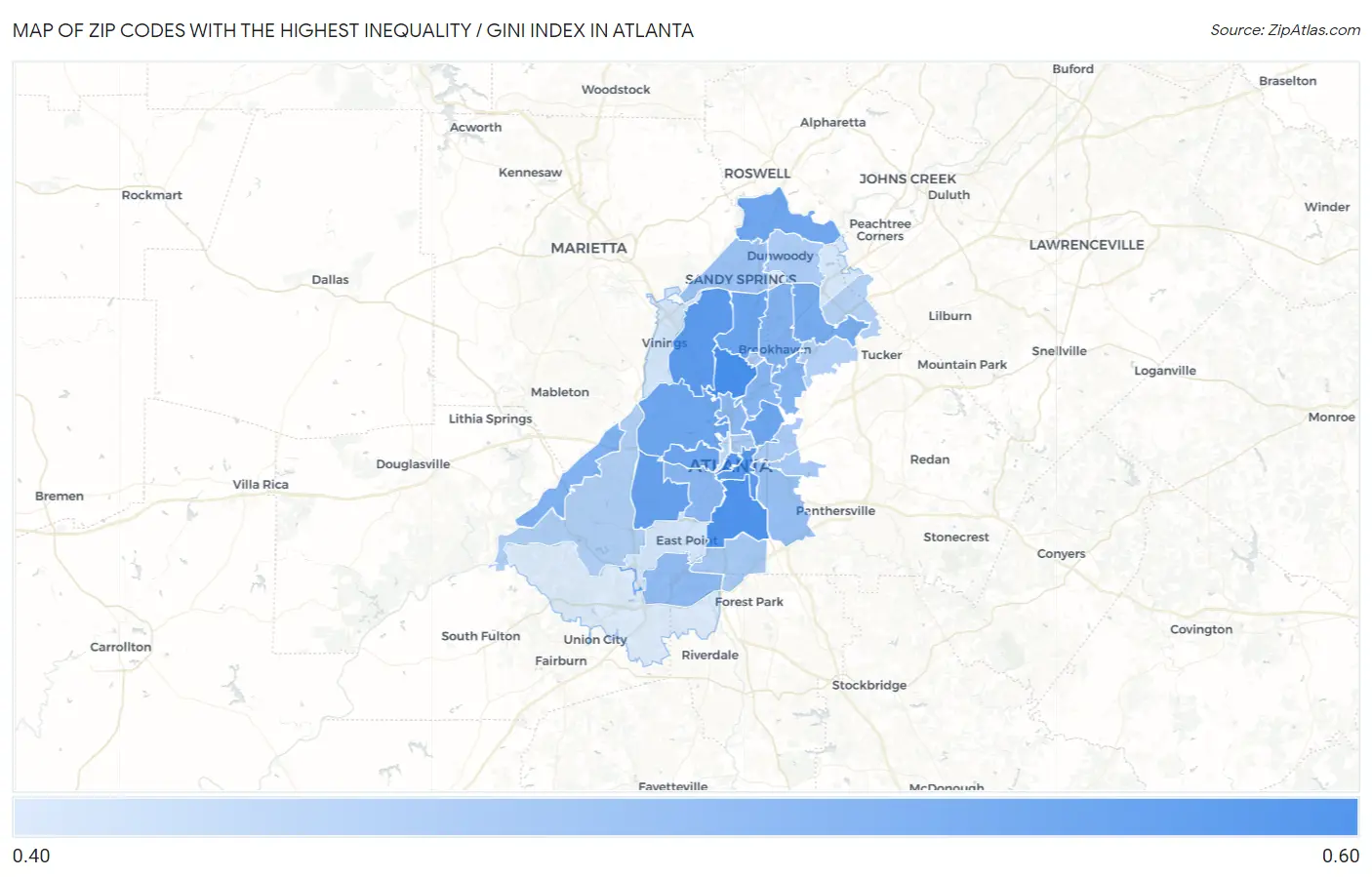 Zip Codes with the Highest Inequality / Gini Index in Atlanta Map