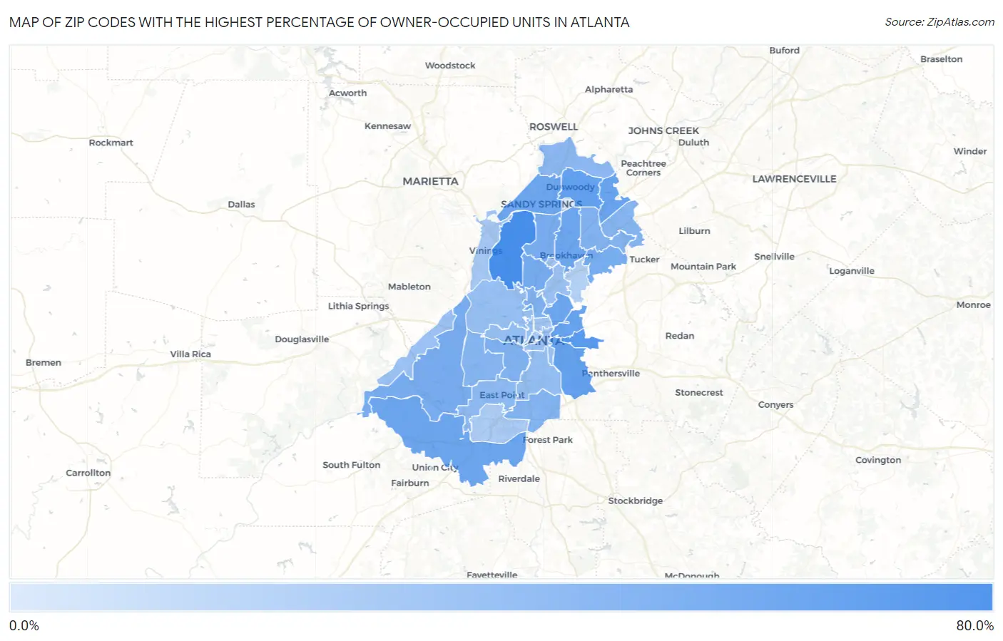 Zip Codes with the Highest Percentage of Owner-Occupied Units in Atlanta Map