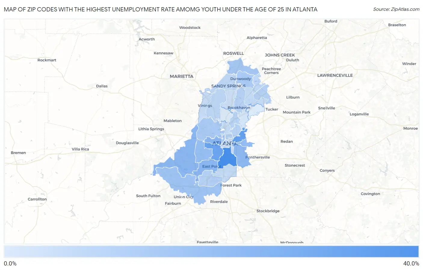 Zip Codes with the Highest Unemployment Rate Amomg Youth Under the Age of 25 in Atlanta Map