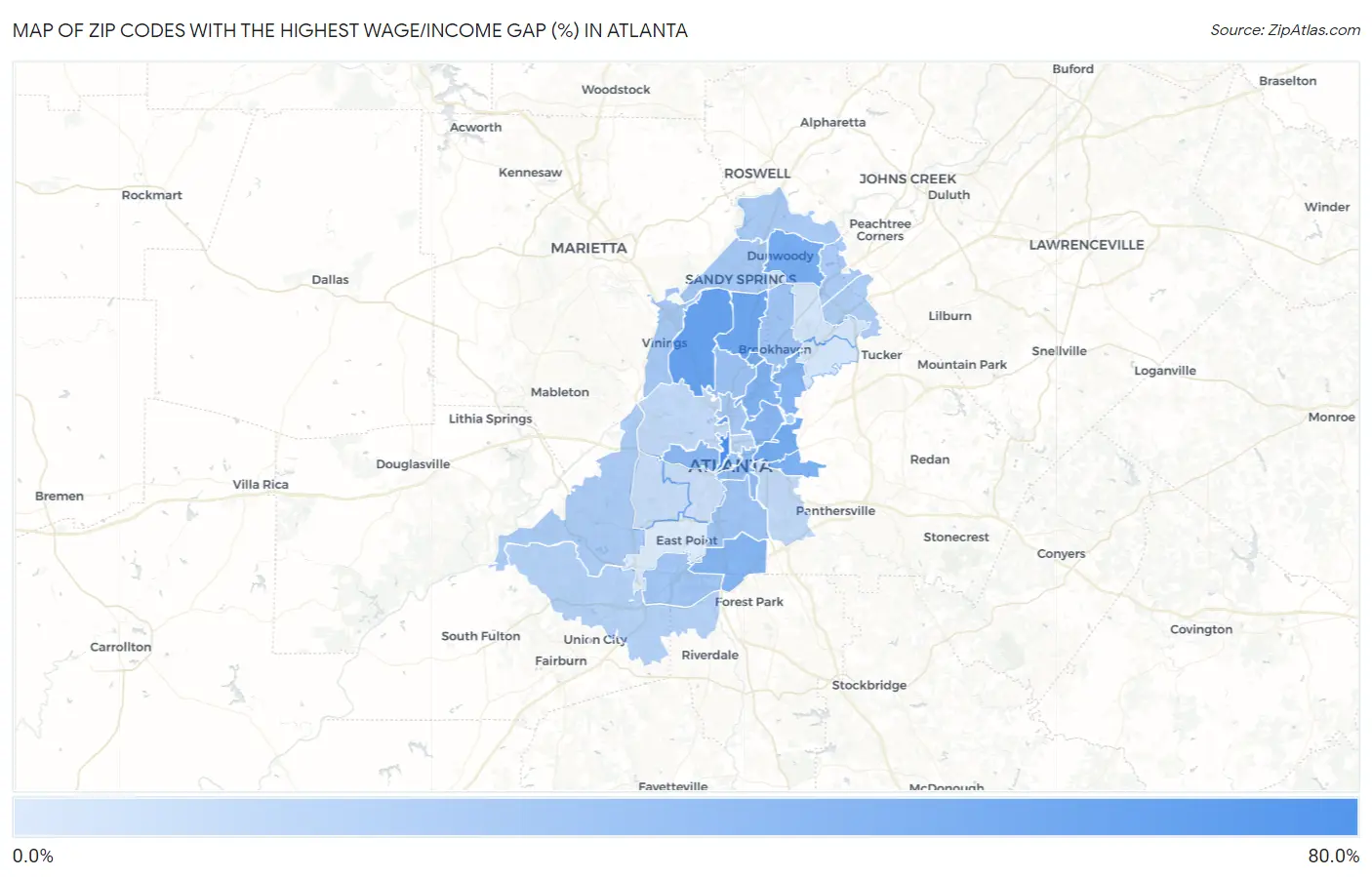 Zip Codes with the Highest Wage/Income Gap (%) in Atlanta Map