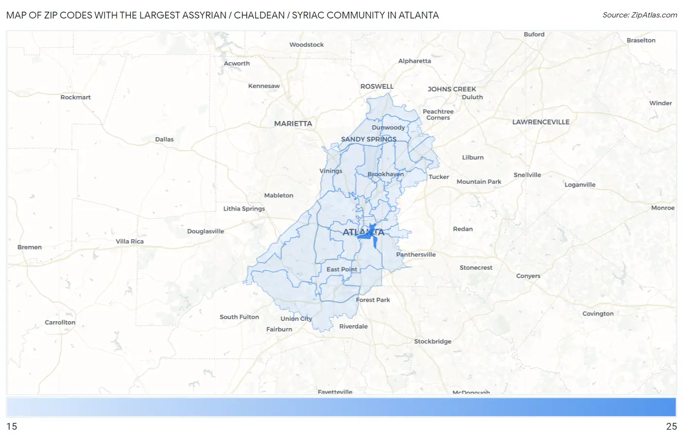 Zip Codes with the Largest Assyrian / Chaldean / Syriac Community in Atlanta Map
