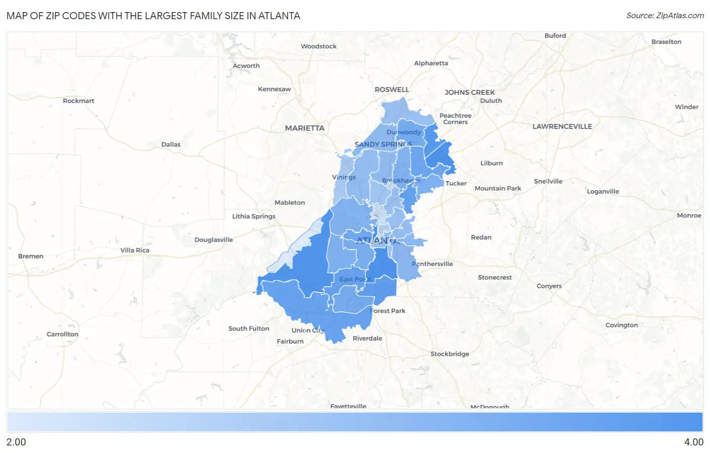 Zip Codes with the Largest Family Size in Atlanta Map