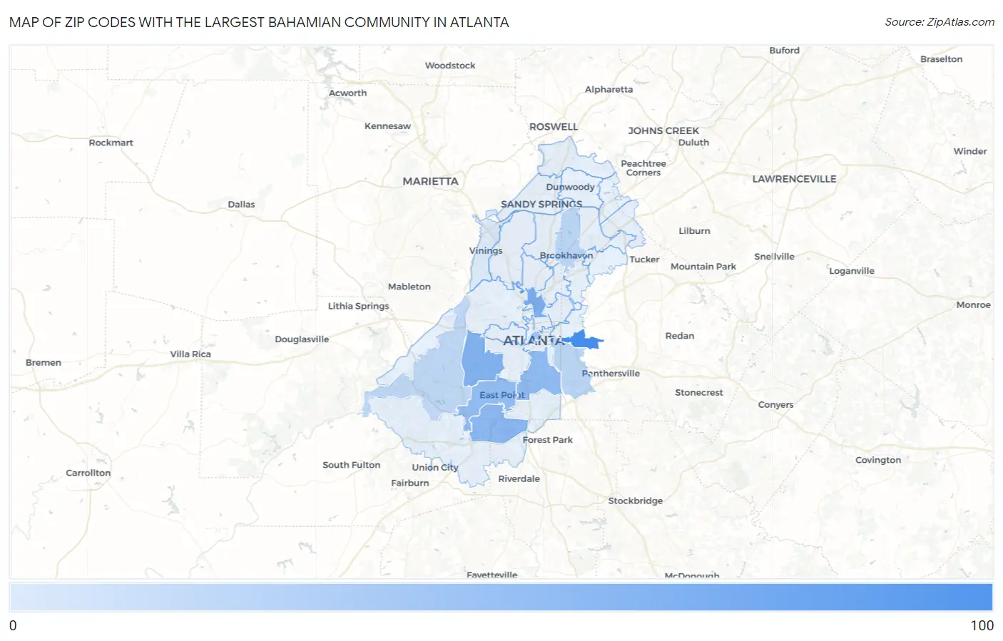 Zip Codes with the Largest Bahamian Community in Atlanta Map