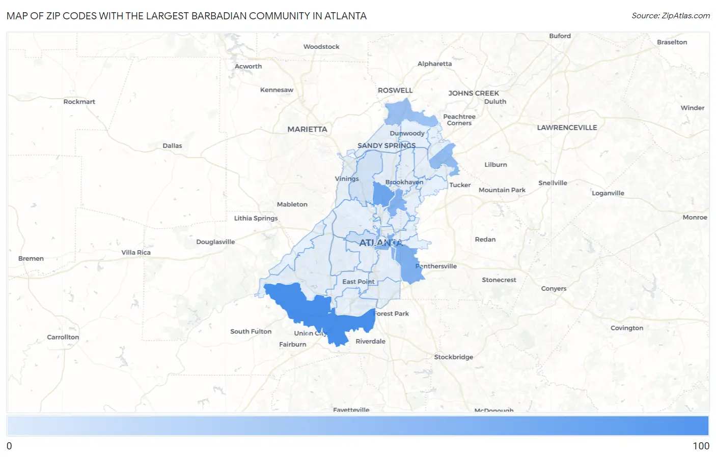 Zip Codes with the Largest Barbadian Community in Atlanta Map