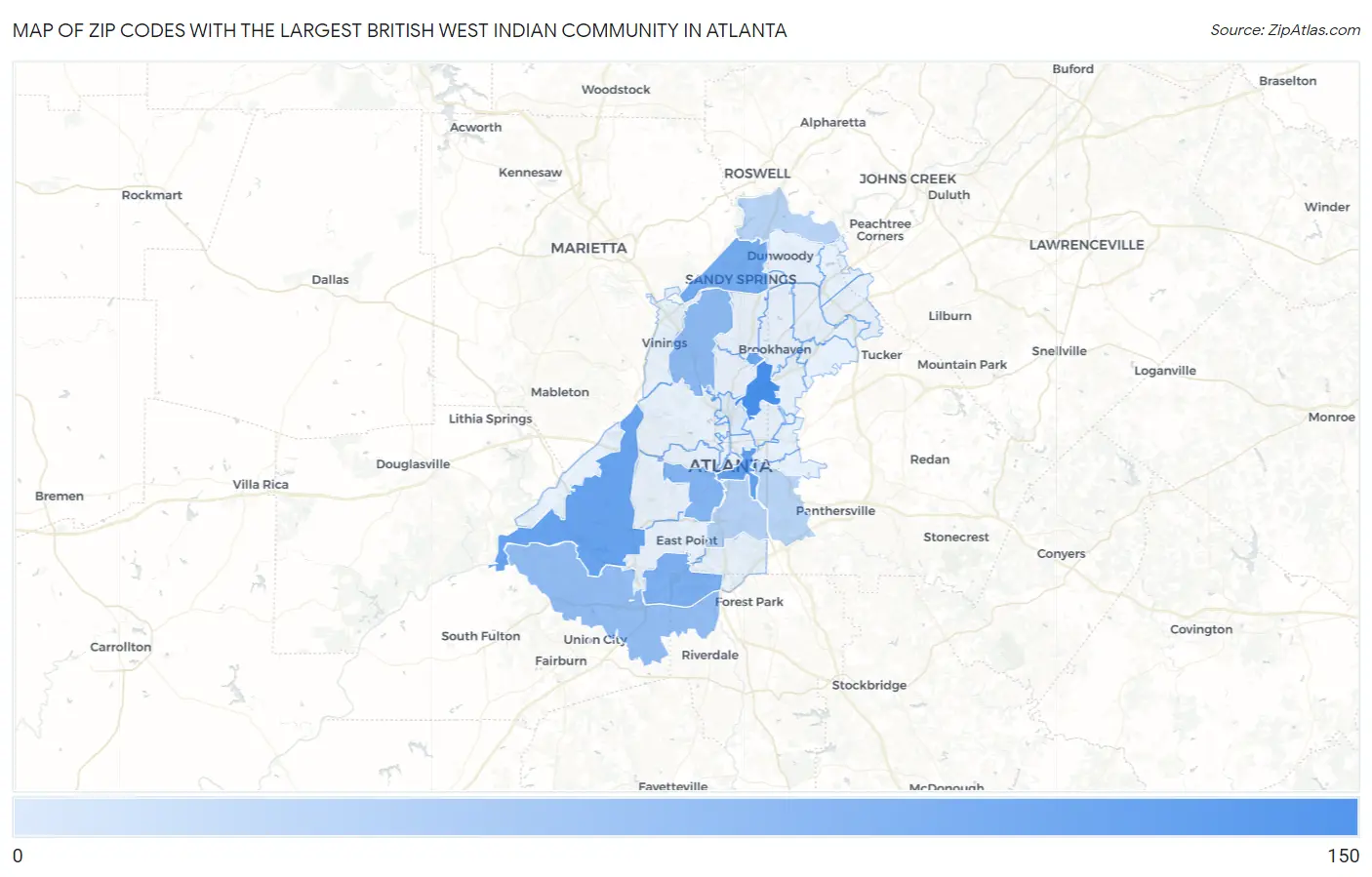 Zip Codes with the Largest British West Indian Community in Atlanta Map