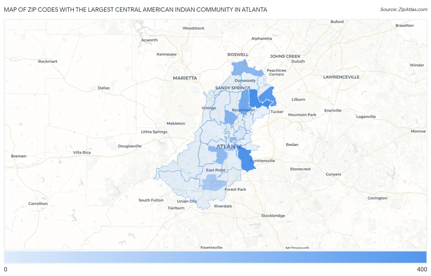 Zip Codes with the Largest Central American Indian Community in Atlanta Map