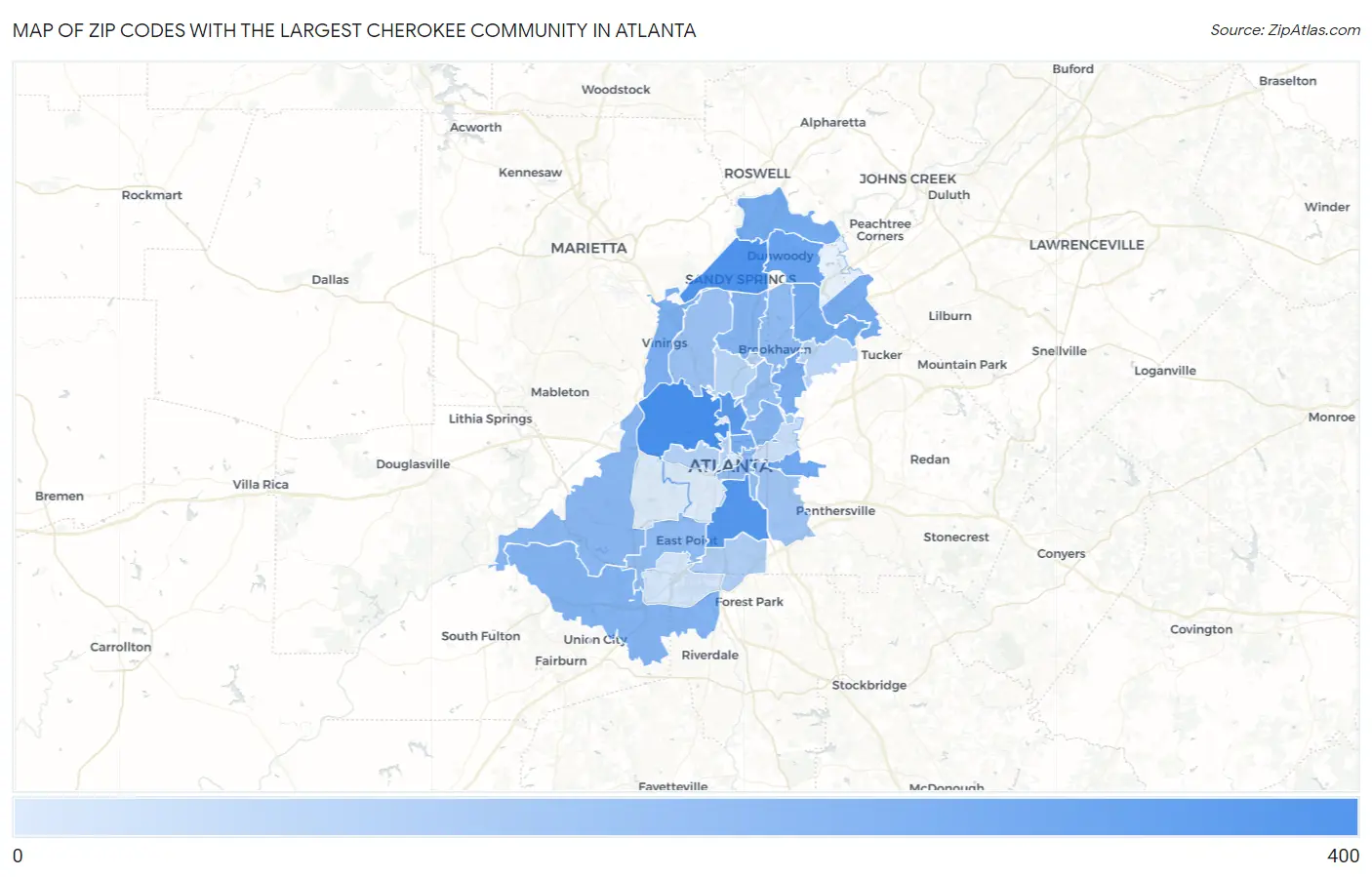 Zip Codes with the Largest Cherokee Community in Atlanta Map