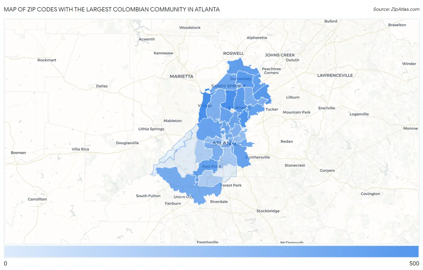 Zip Codes with the Largest Colombian Community in Atlanta Map