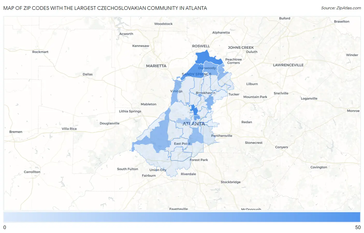 Zip Codes with the Largest Czechoslovakian Community in Atlanta Map