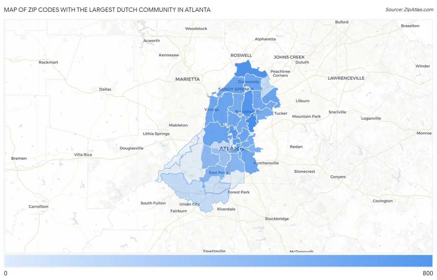 Zip Codes with the Largest Dutch Community in Atlanta Map