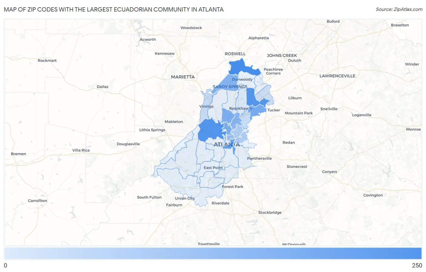 Zip Codes with the Largest Ecuadorian Community in Atlanta Map