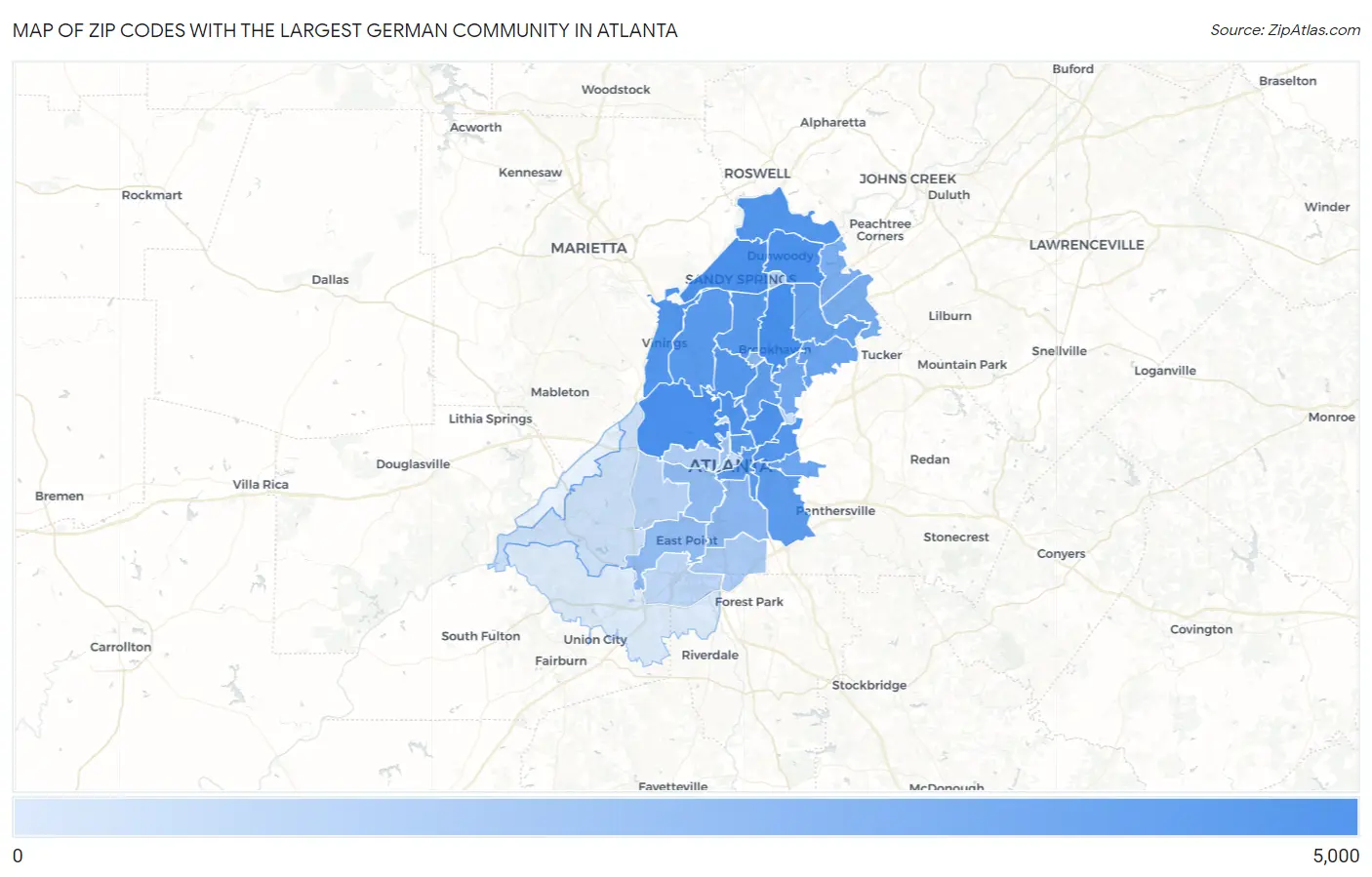Zip Codes with the Largest German Community in Atlanta Map