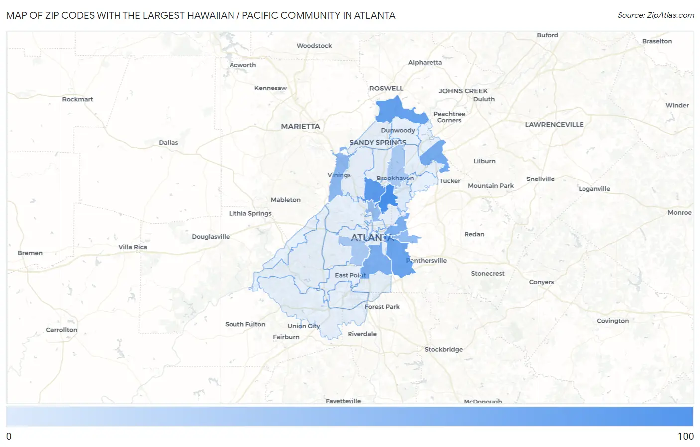 Zip Codes with the Largest Hawaiian / Pacific Community in Atlanta Map