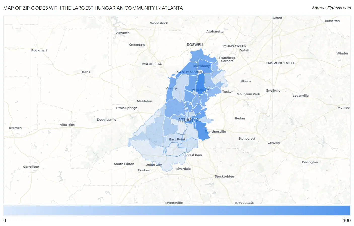 Zip Codes with the Largest Hungarian Community in Atlanta Map