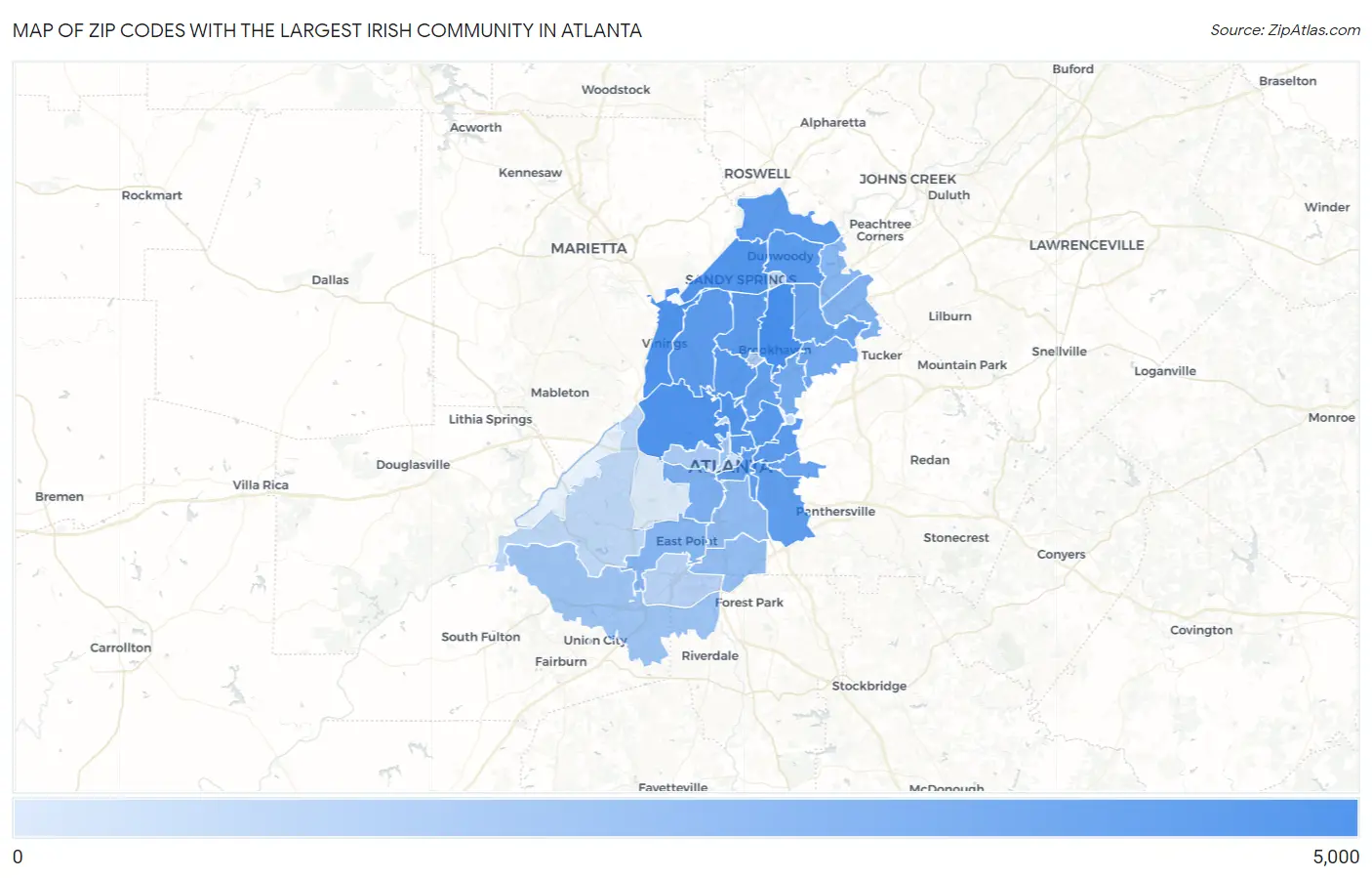 Zip Codes with the Largest Irish Community in Atlanta Map