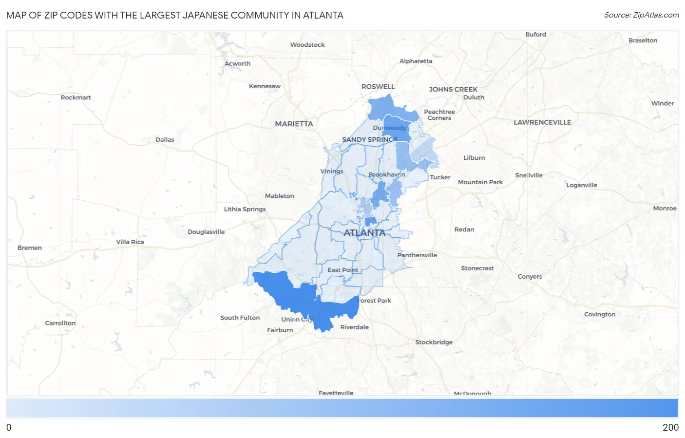 Zip Codes with the Largest Japanese Community in Atlanta Map