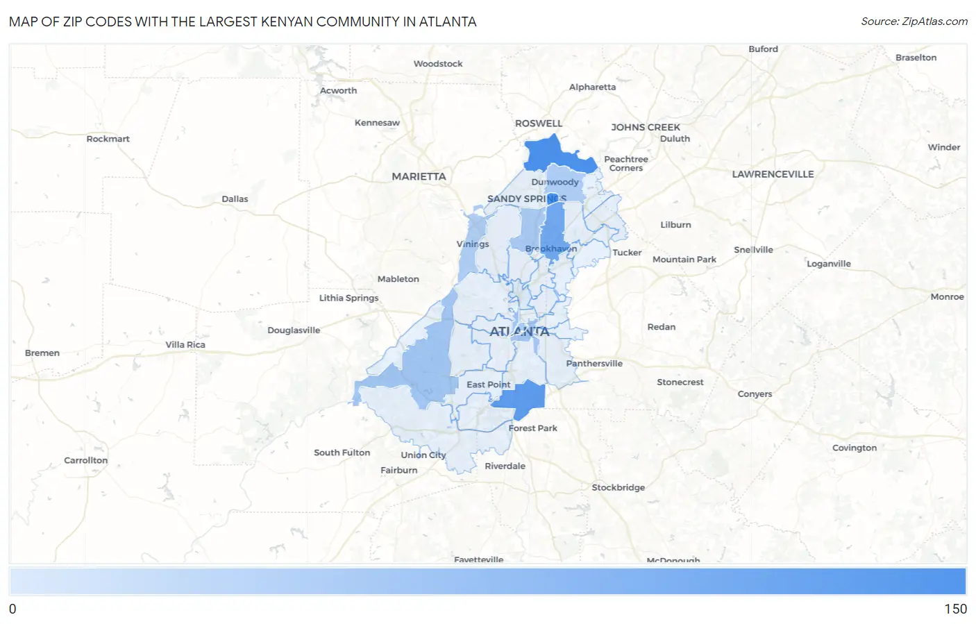 Zip Codes with the Largest Kenyan Community in Atlanta Map