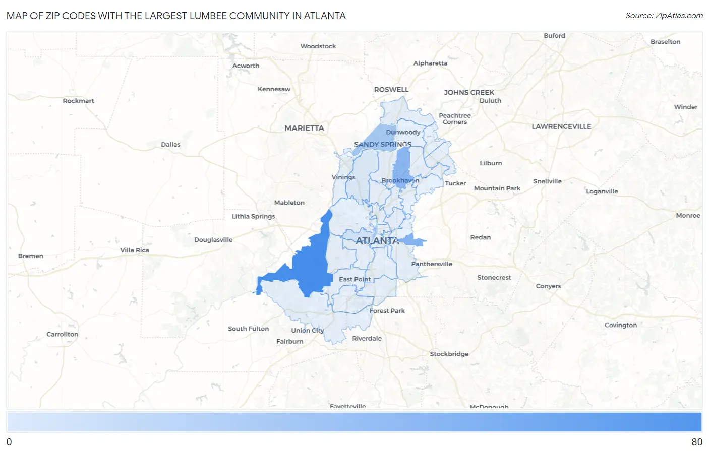 Zip Codes with the Largest Lumbee Community in Atlanta Map