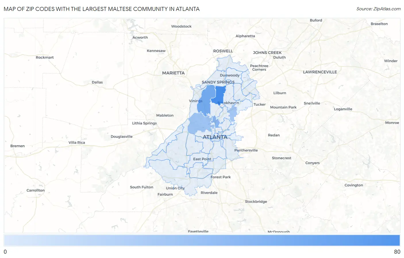 Zip Codes with the Largest Maltese Community in Atlanta Map