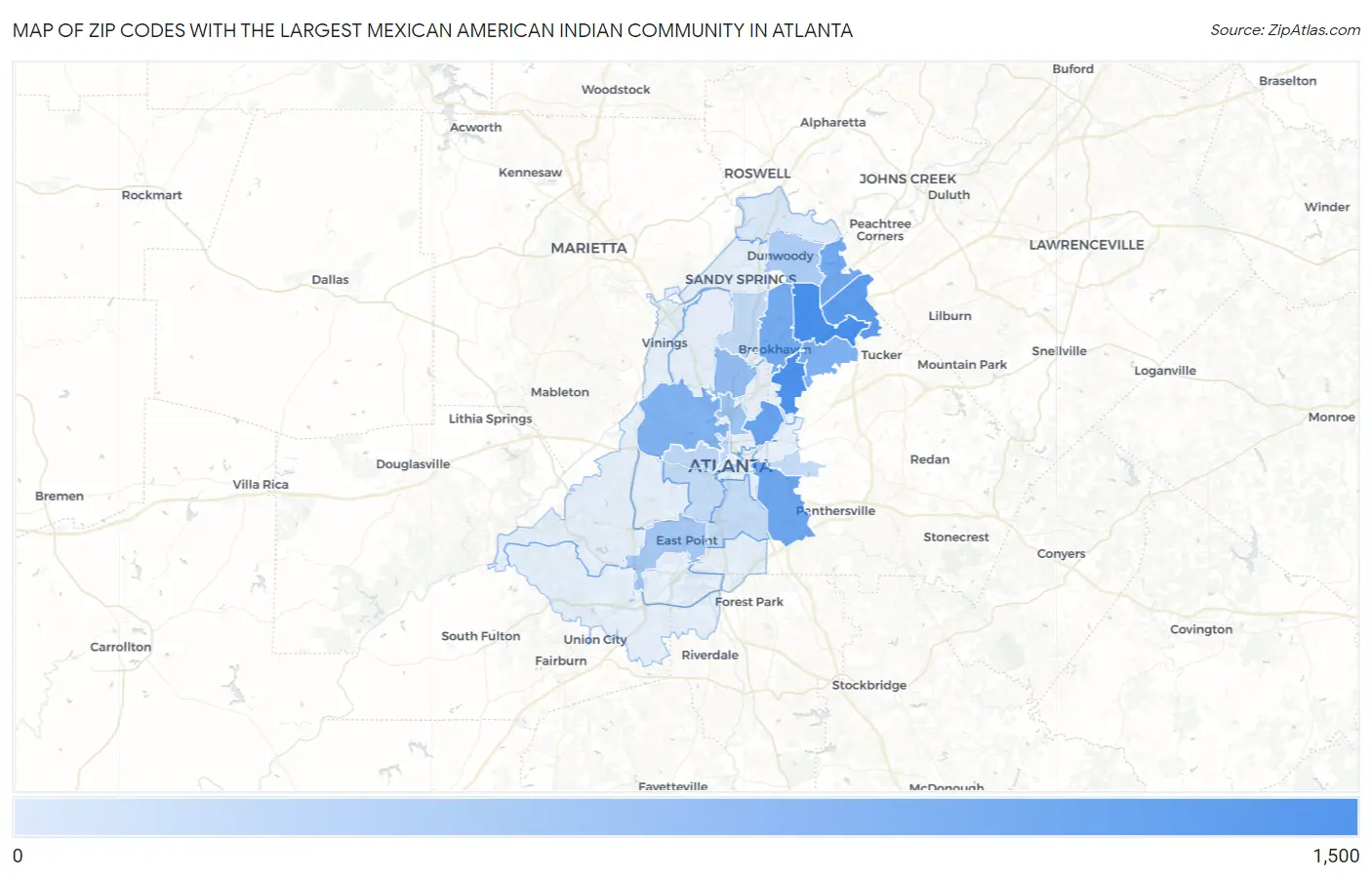 Zip Codes with the Largest Mexican American Indian Community in Atlanta Map