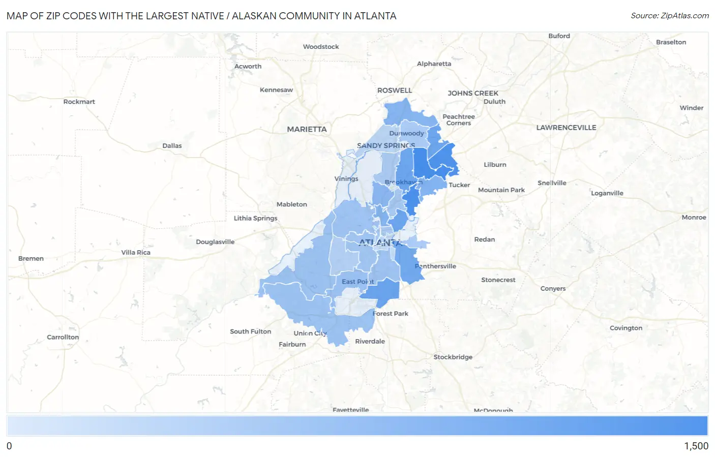 Zip Codes with the Largest Native / Alaskan Community in Atlanta Map